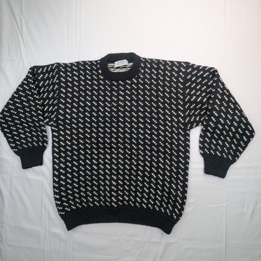 Vintage Norsk Håndstrikk Norwegian Wool Sweater Hand Knit Size XL/ 2XL White Blk